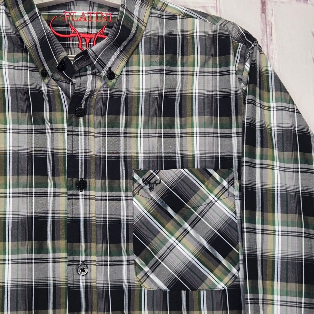 Platini Button Down Shirt Black Green Plaid Long Sleeve Casual Mens Size Medium